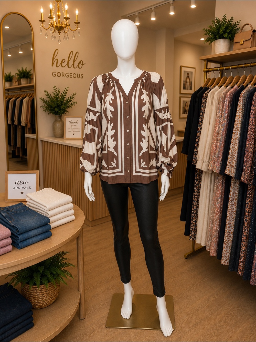 DR2 Brown & Cream Botanical V-Neck Button Blouse